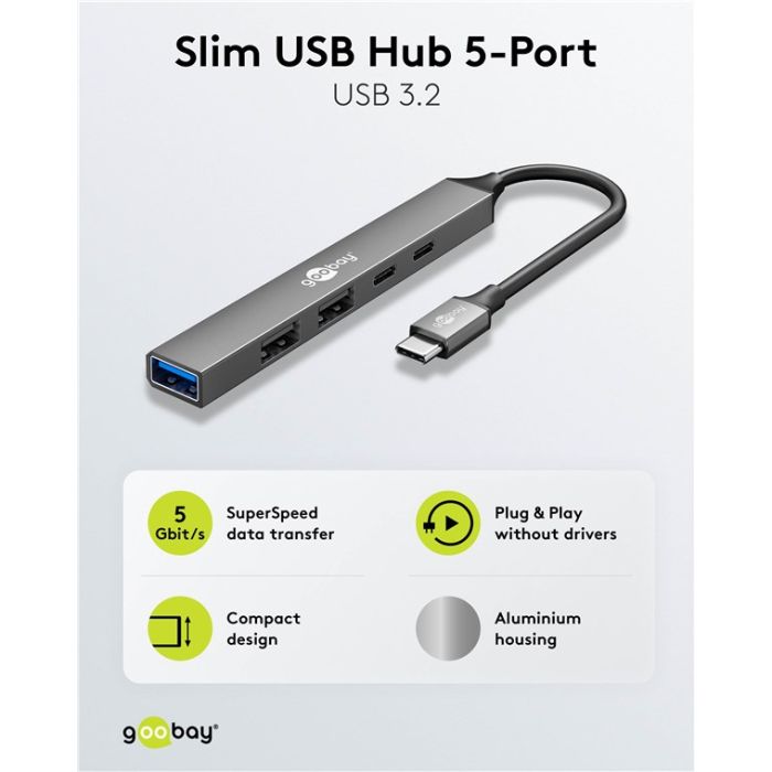 Goobay USB-C hub sa 5 portova (2x USB-A 2.0 + 1x USB-A 3.2 + 2x USB-C 2.0)