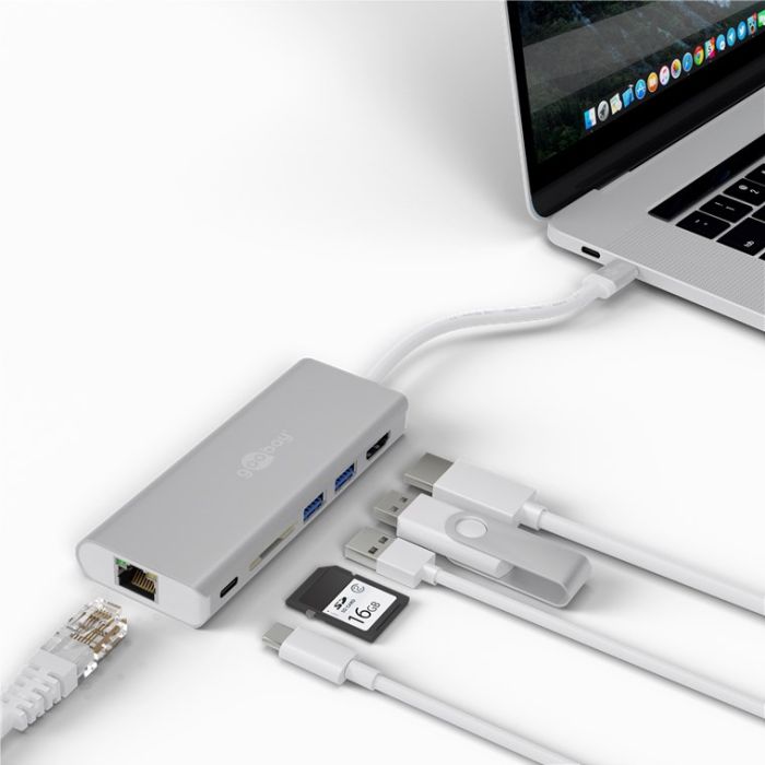 USB-C multiport adapter i čitač kartica USB A, PD, RJ45 i HDMI Goobay