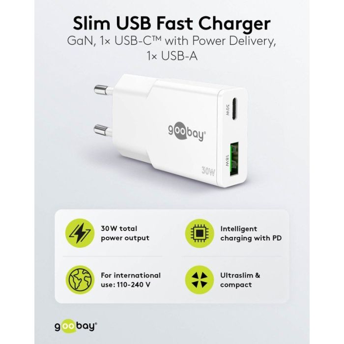 Goobay punjač 30W GaN slim 1xC PD/1xA QC