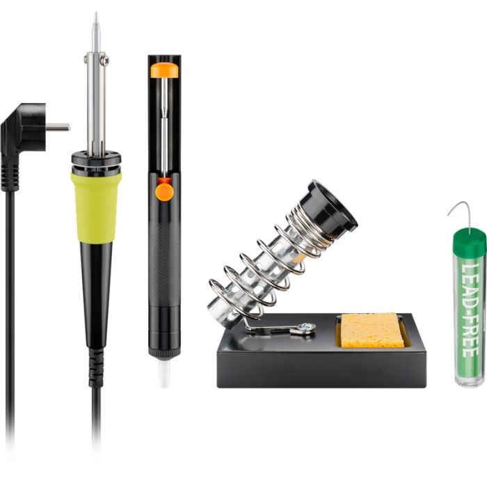 Goobay Lead-Free Soldering Set Advanced, 4 Pieces - 30 W, with soldering iron, soldering iron stand, desoldering pump and solder