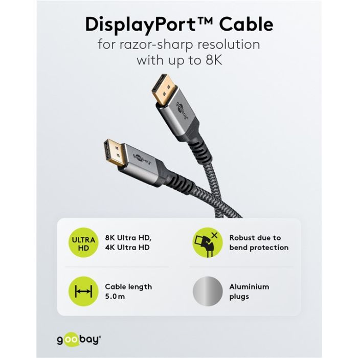DisplayPort™ (DP 1.4) kabl, 5,0 m, 32,4 Gbit/s, 8K/60Hz DSC