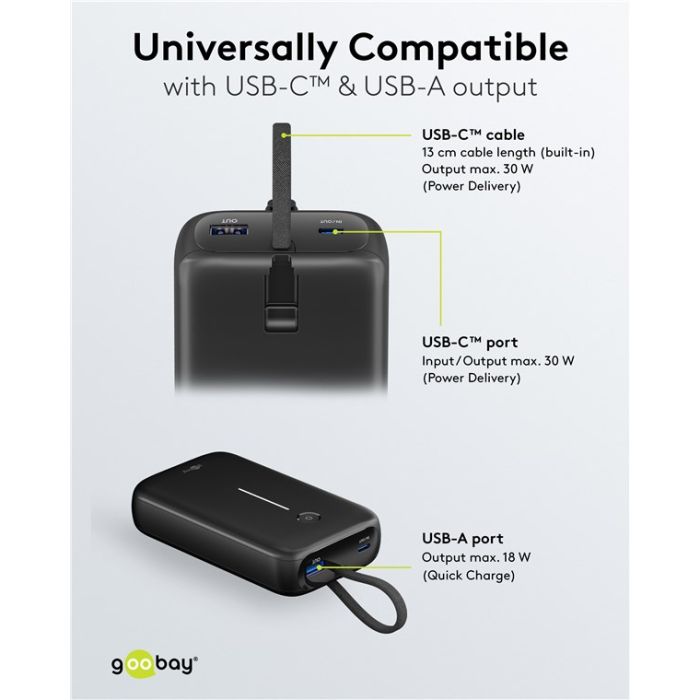 Goobay Power bank 20,000mAh (sa integrisanim kablom)