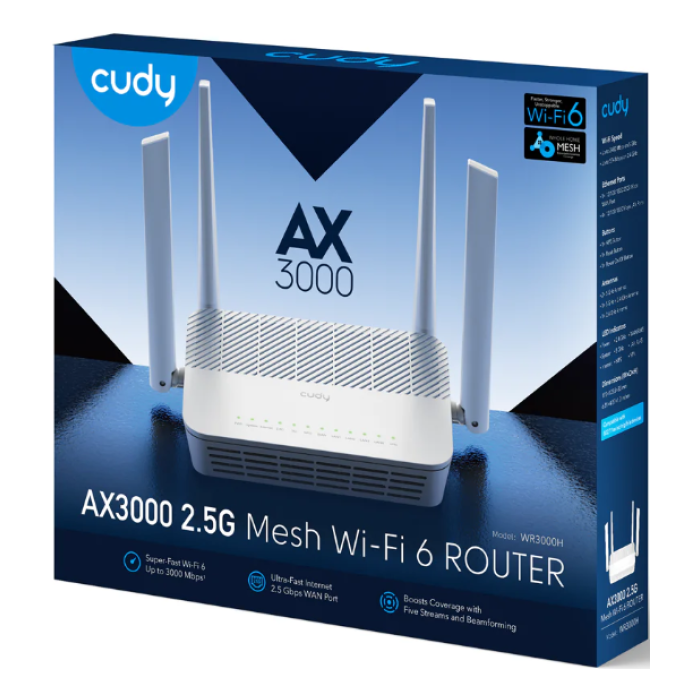 Cudy WR3000H - AX3000 Wi-Fi 6 ruter, 2,5G WAN + 4× Gigabit LAN, 4 antene, Beamfo