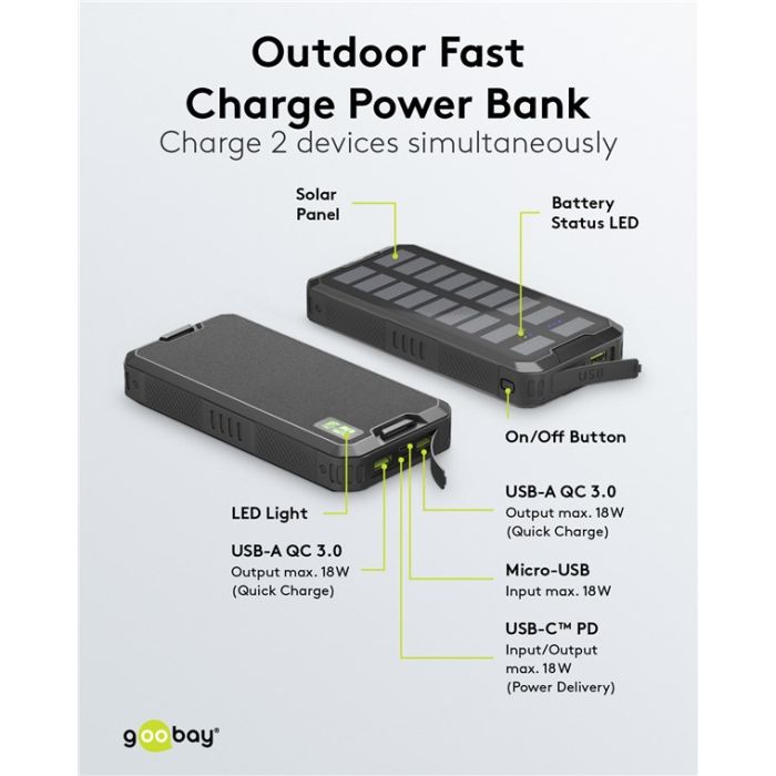 Goobay Solarni Power Bank 20,000mAh sa brzim punjenjem