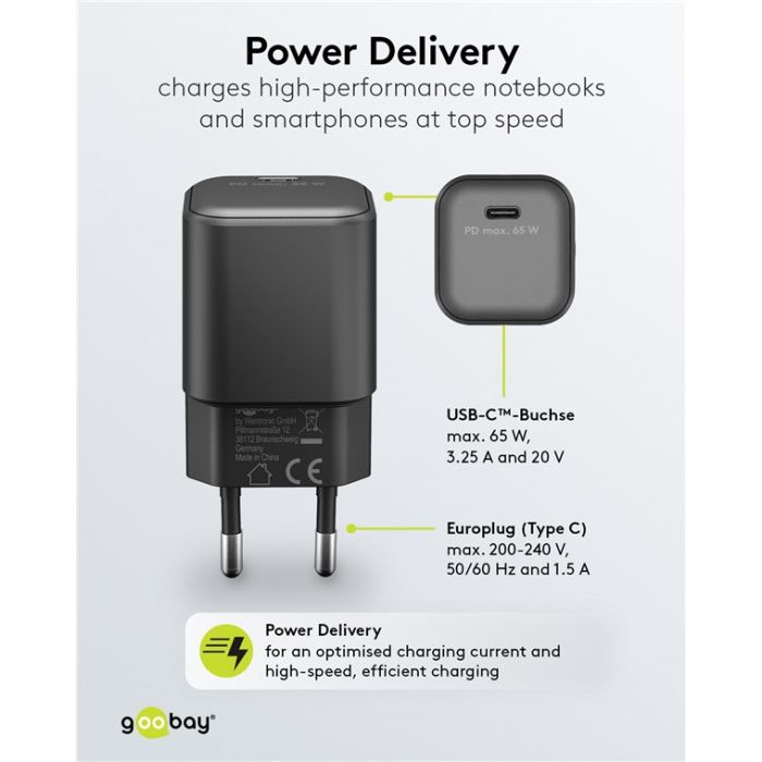 Punjač USB C PD GaN 65W Goobay (crni)
