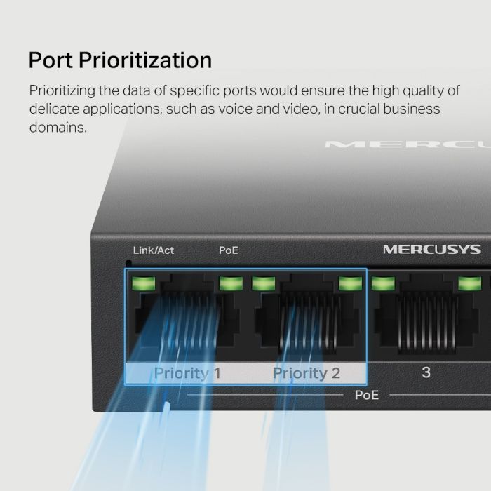Mercusys MS105GP 5-portni gigabitni desktop switch sa 4-portnim PoE+