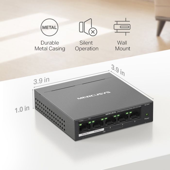 Mercusys MS105GP 5-portni gigabitni desktop switch sa 4-portnim PoE+