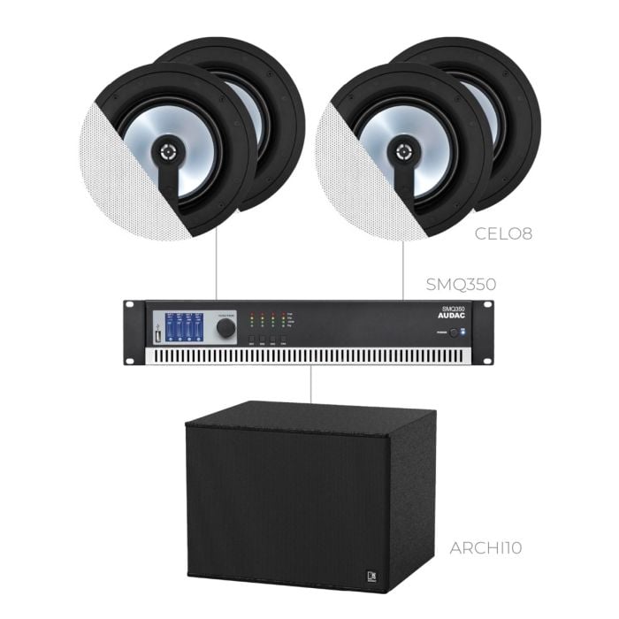 AUDAC SENSO8.4-10 - Komplet ozvučenja: 4× ugradni plafonski zvučnik CELO8I, arhitekturalni subwoofer ARCHI10, pojačalo SMQ350