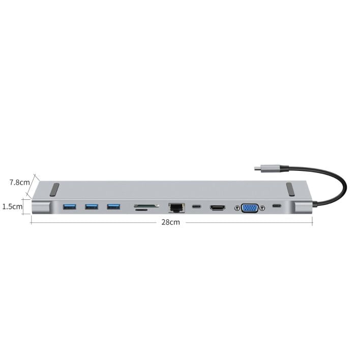 USB-C multihub 11u1 HDMI, VGA, USB-C, PD, SD/TF card, RJ45