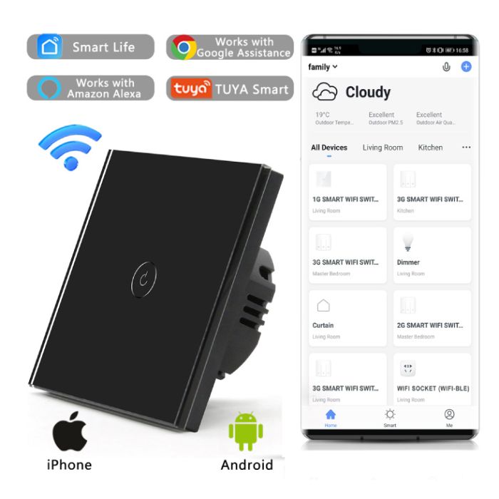 Tuya WiFi smart prekidač za svetlo, sa N provodnikom 5A WFPS-N01/BK