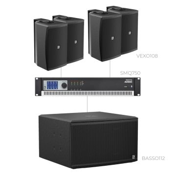 AUDAC FORTE108.4-112.1 - Komplet ozvučenja: 4× instalacioni zvučnik VEXO108, infra-subwoofer BASSO112, pojačalo SMQ750