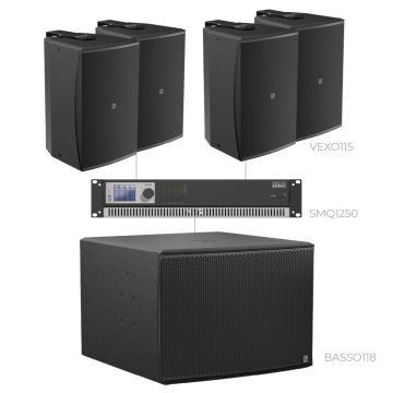 AUDAC FORTE115.4-118.1 - Komplet ozvučenja: 4× instalacioni zvučnik VEXO115, infra-subwoofer BASSO118, pojačalo SMQ1250
