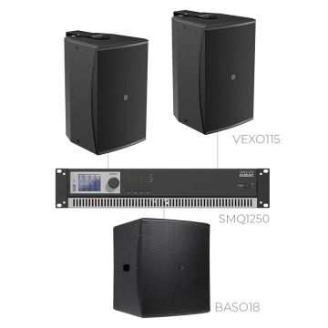 AUDAC FORTE15.3V - Komplet ozvučenja: 2× instalacioni zvučnik VEXO115, bas reflex kabinet BASO18, pojačalo SMQ1250