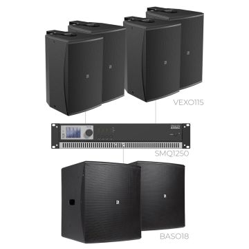 AUDAC FORTE15.6V - Komplet ozvučenja: 4× instalacioni zvučnik VEXO115, 2× bas reflex kabinet BASO18, pojačalo SMQ1250