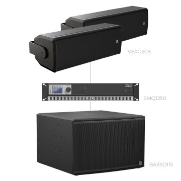 AUDAC FORTE208.2-115.1 - Komplet ozvučenja: 2× instalacioni zvučnik VEXO208, infra-subwoofer BASSO115, pojačalo SMQ1250