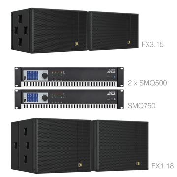AUDAC FORTE315.4 - Komplet ozvučenja: 2× aktivni zvučni kabinet FX3.15, 2× bas kabinet FX1.18, 2× pojačalo SMQ500, pojačalo SMQ750