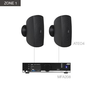 AUDAC MENTO4.4Z - Komplet ozvučenja: 4× zidni 100V zvučnik ATEO4M, all-in-one pojačalo MFA208, mikser pojačalo COM108