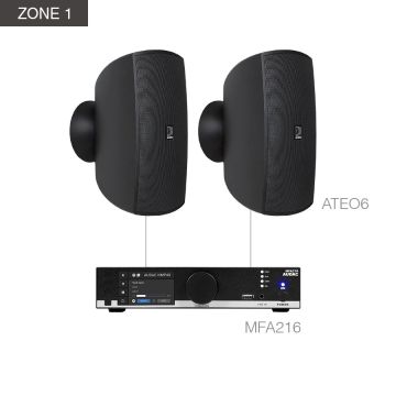 AUDAC MENTO6.4Z - Komplet ozvučenja: 4× zidni 100V zvučnik ATEO6M, all-in-one pojačalo MFA216, mikser pojačalo COM108
