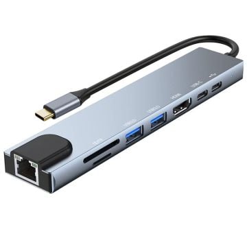 USB-C multihub 8 u 1 HDMI, USB-C, SD/TF card, PD, RJ45